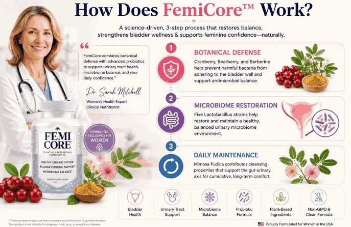 How FemiCore works — 3-step process for feminine urinary health